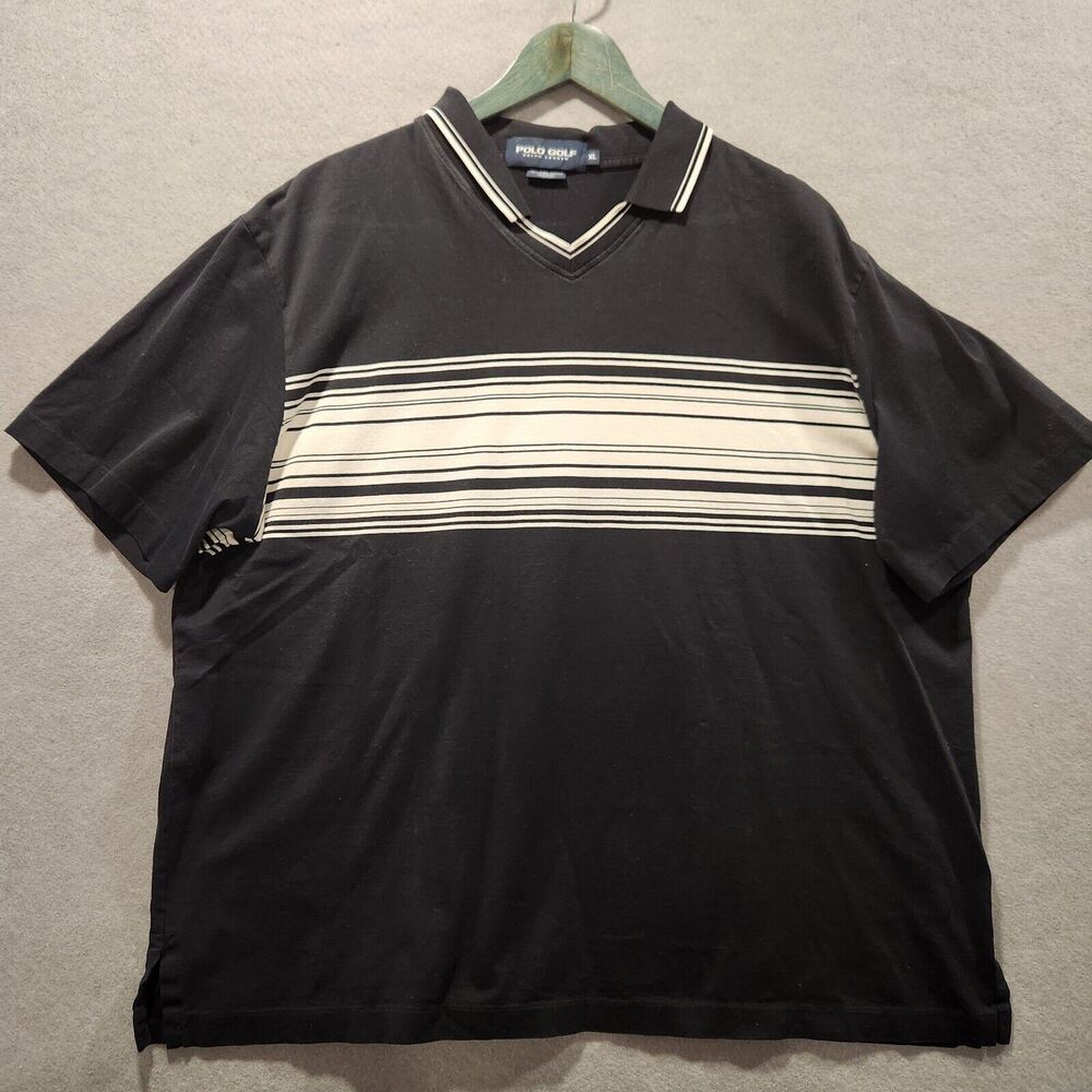 Polo Golf‎ Ralph Lauren Mens XL Black Pima Cotton Striped V-Neck Polo Shirt